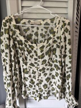 LOFT Olive and Ivory Floral Button-Up Peasant Blouse